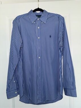 Ralph Lauren Blue and White Striped Button-Down Dress Shirt